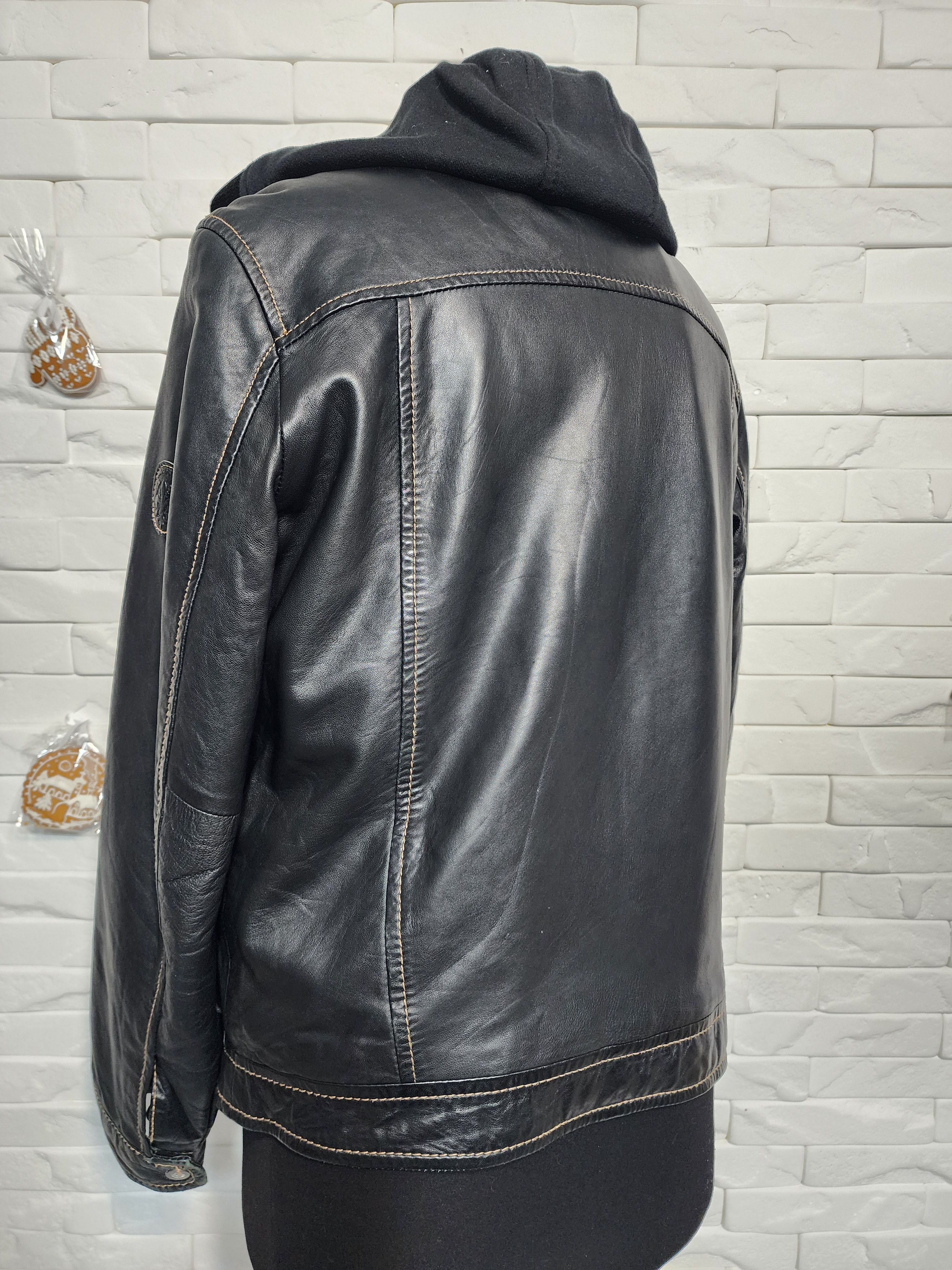 Genuine Leather Men's Black Leather Hooded Jacket: Knitted Collar & Hood. Size US L / EU 52-54 / 3 - 6 Thumbnail