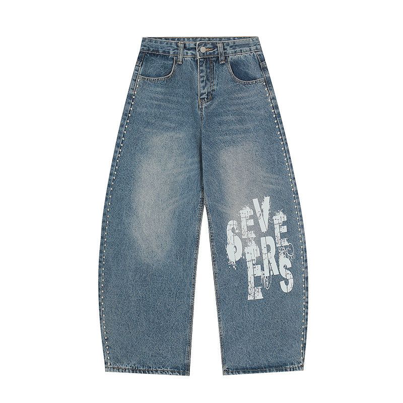 Jean Men's Retro Letter Print High-Waisted Curved Jeans Size US 32 / EU 48 - 1 Thumbnail