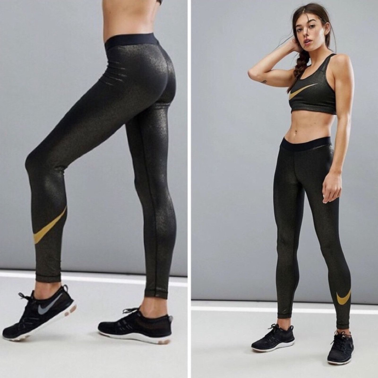 NIKE PRO Gold Black Sparkle Mid Legging Tights Run Gym Pants