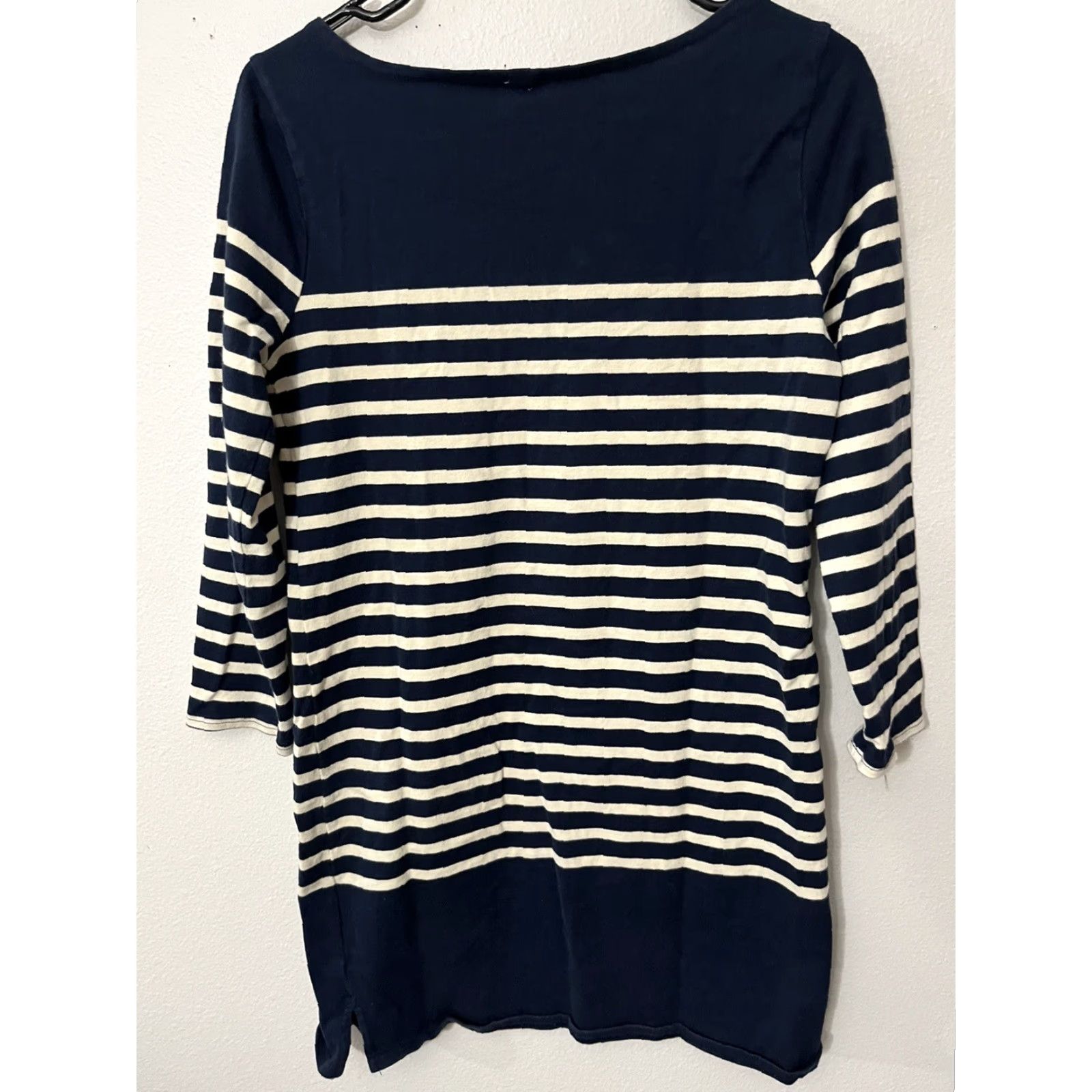 J.Crew J. Crew Sweater Dress Navy Striped 3/4 Sleeve Boat Neck Casual Knit Knee Length Women S Modern Nautical Vintage No Size S / US 4 / IT 40 - 3 Thumbnail