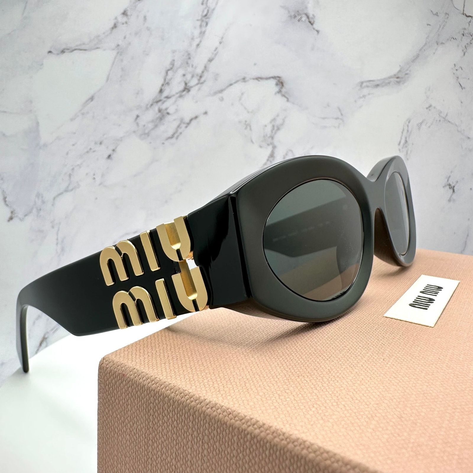 Miu Miu New MIU MIU Sunglasses Black Oval Acetate Gold Metal Logo Size ONE SIZE - 14 Thumbnail