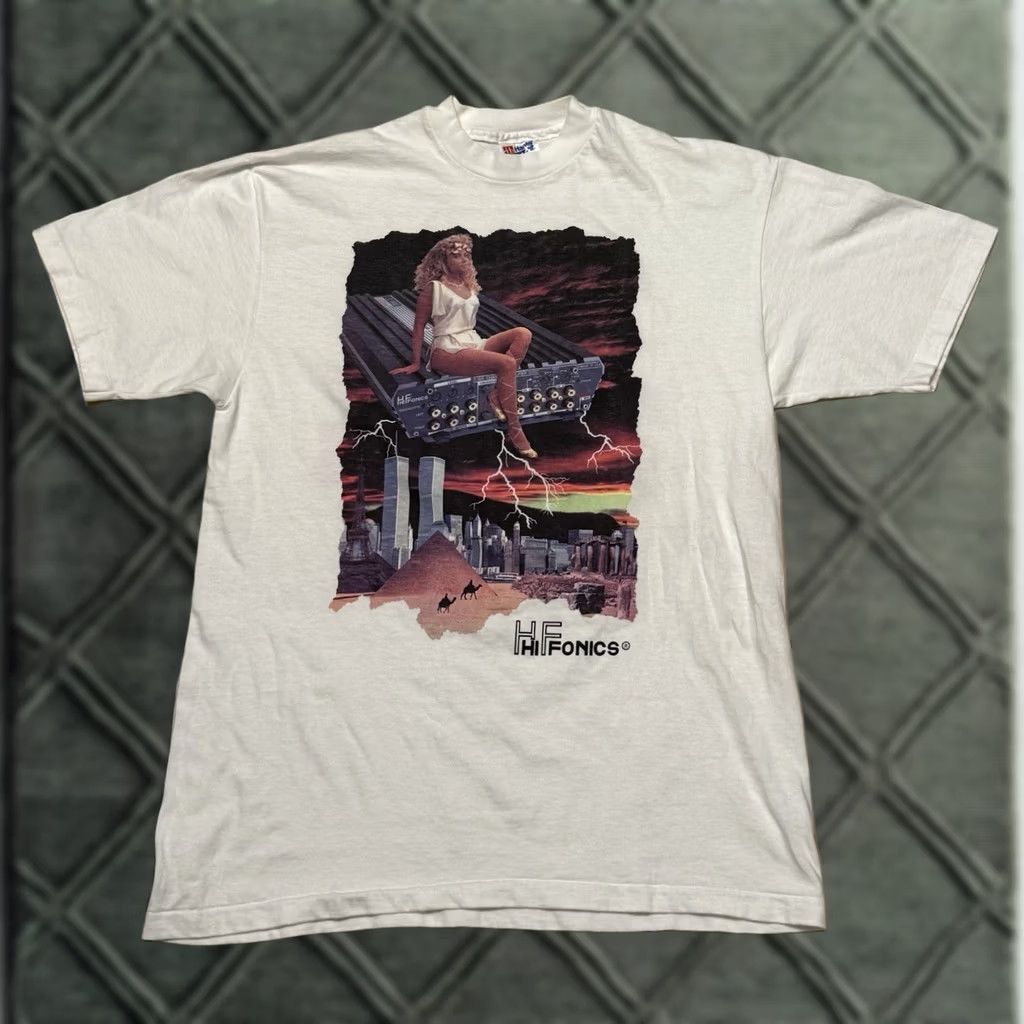 Hanes VINTAGE Hanes Power From The Gods Shirt L White Pinup Girl Cars 90s Graphic Print Mens Shirt Size US L / EU 52-54 / 3 - 1 Thumbnail