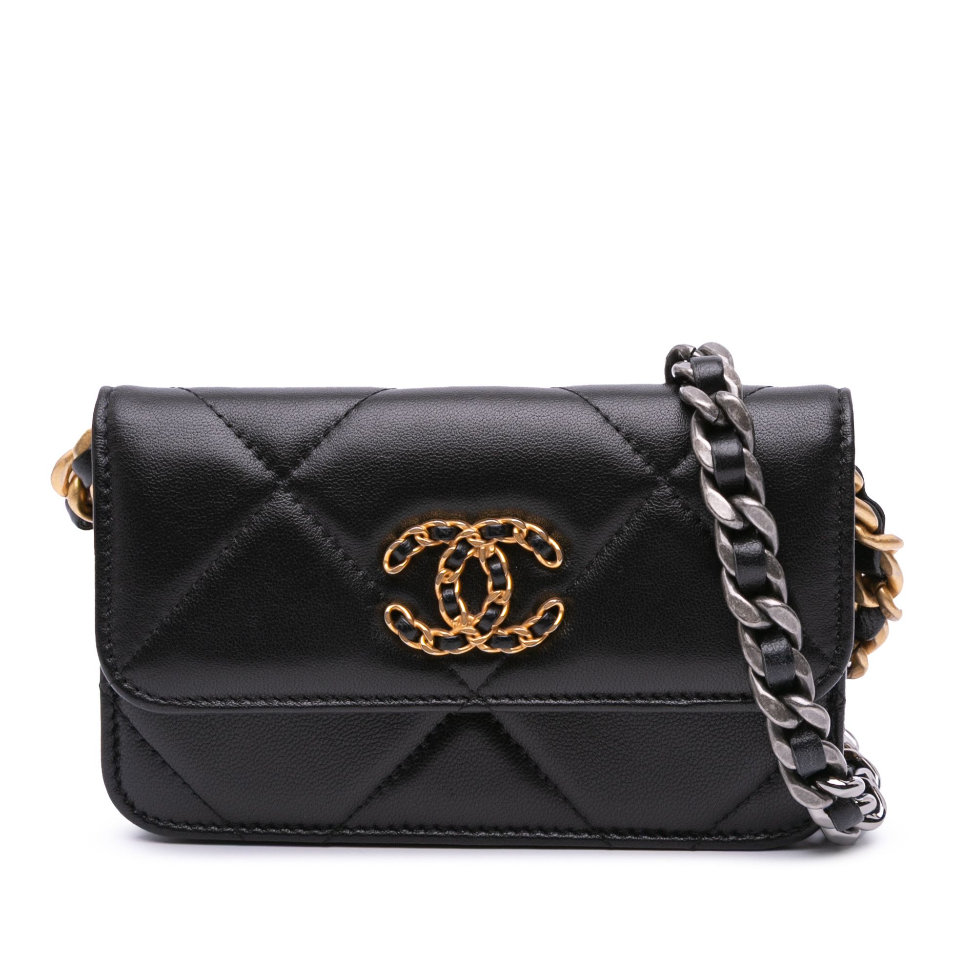 Chanel Lambskin 19 Flap Coin Purse With Chain in Black, Women's