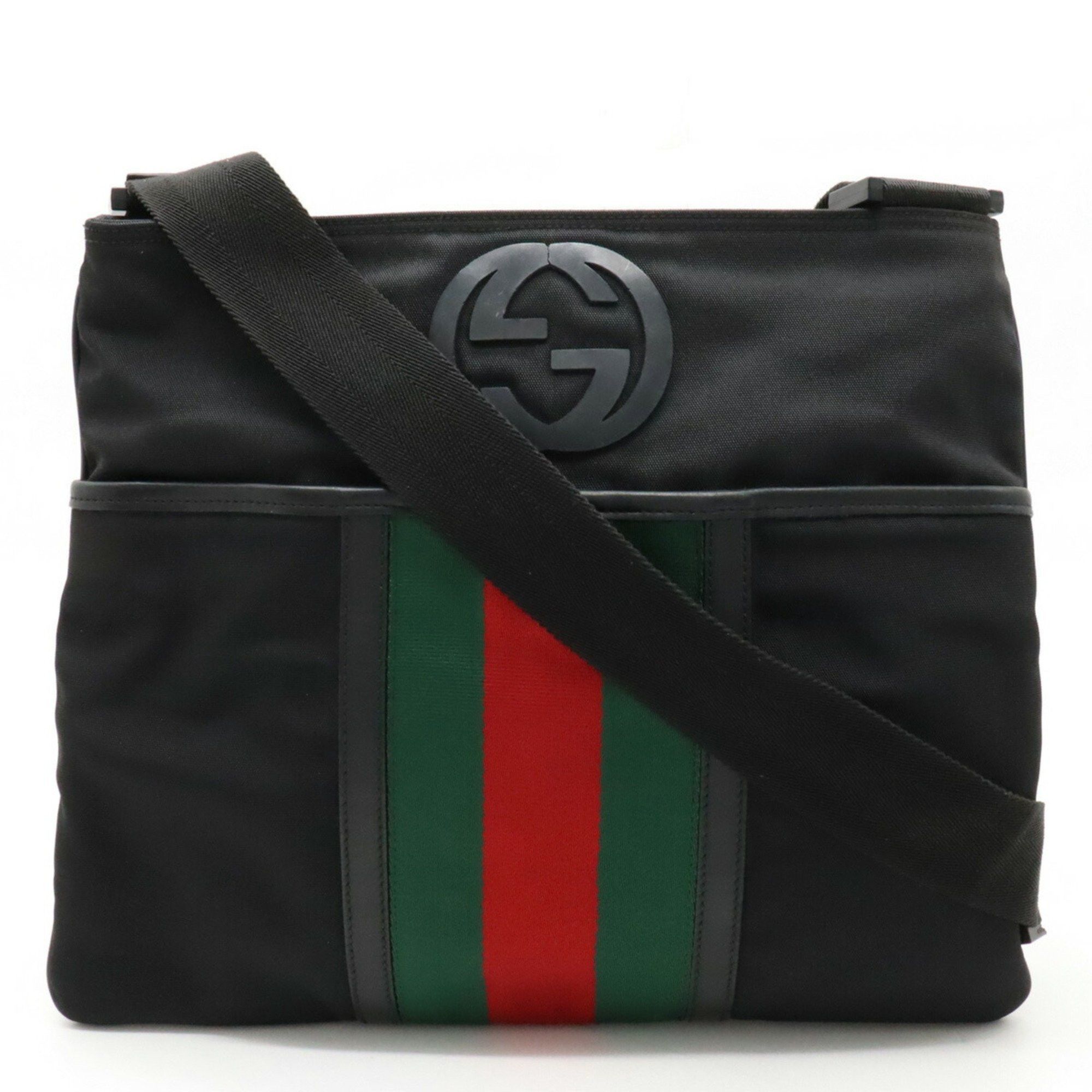 image of Gucci Sherry Webbing Line Shoulder Bag Nylon Canvas Leather Black Green Red 181067, Women's