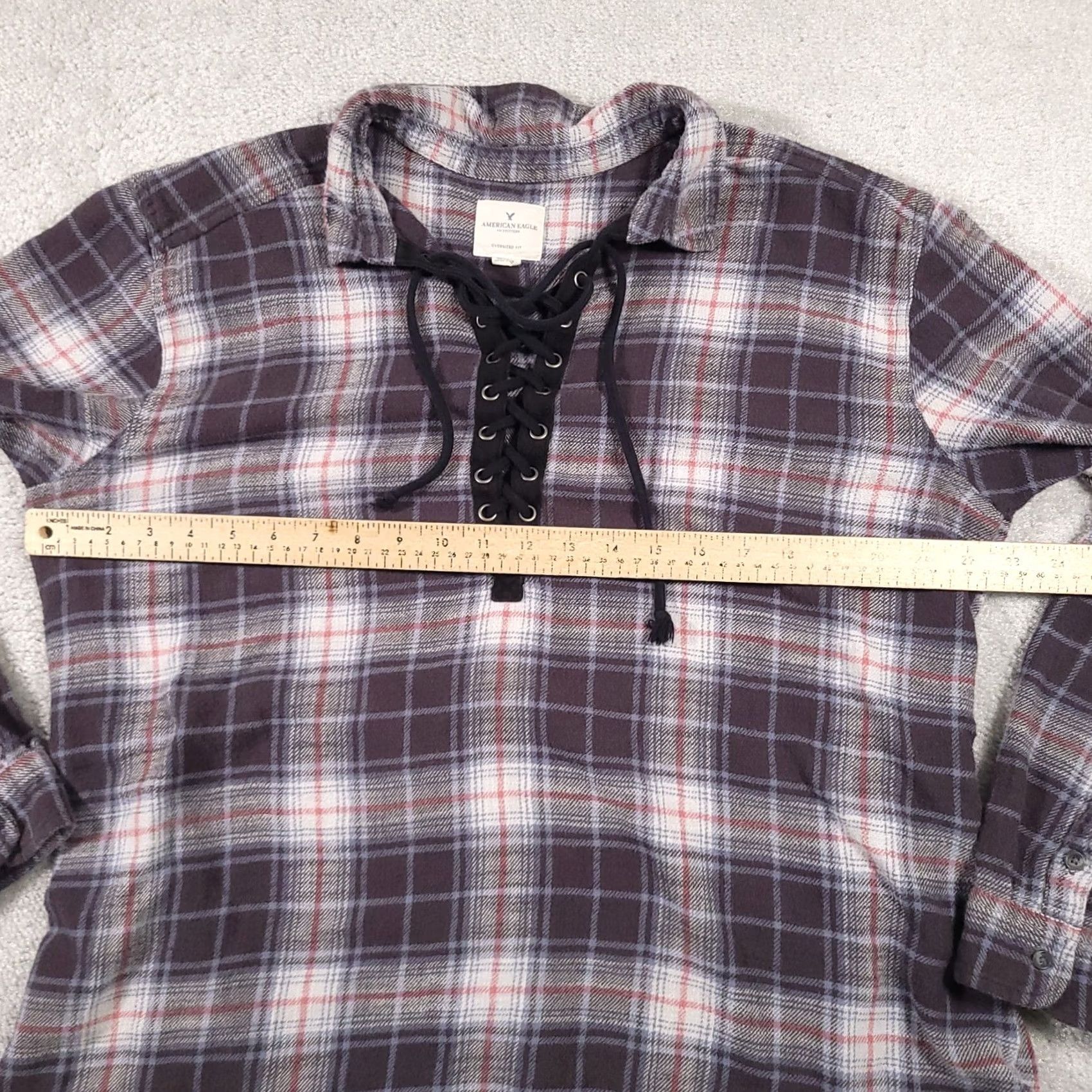 American Eagle Outfitters VINTAGE American Eagle Flannel Shirt Women’s XL Oversized Fit Distressed Lace Up Gray Size XL / US 12-14 / IT 48-50 - 6 Thumbnail