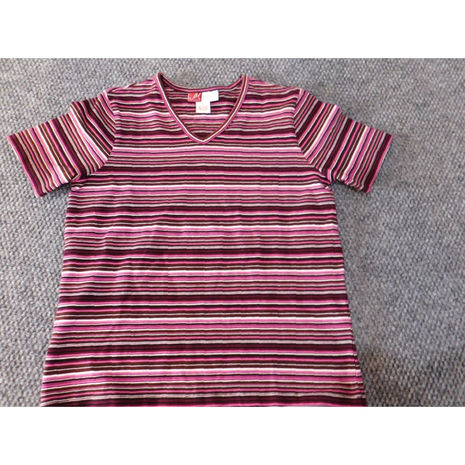 JM Collection JM Collection Shirt Petite Women V-Neck Stretch Tee Purple Striped Short Sleeve Pullover Casual Knit Cotton Spandex 0P Womens Size XS / US 0-2 / IT 36-38 - 3 Thumbnail