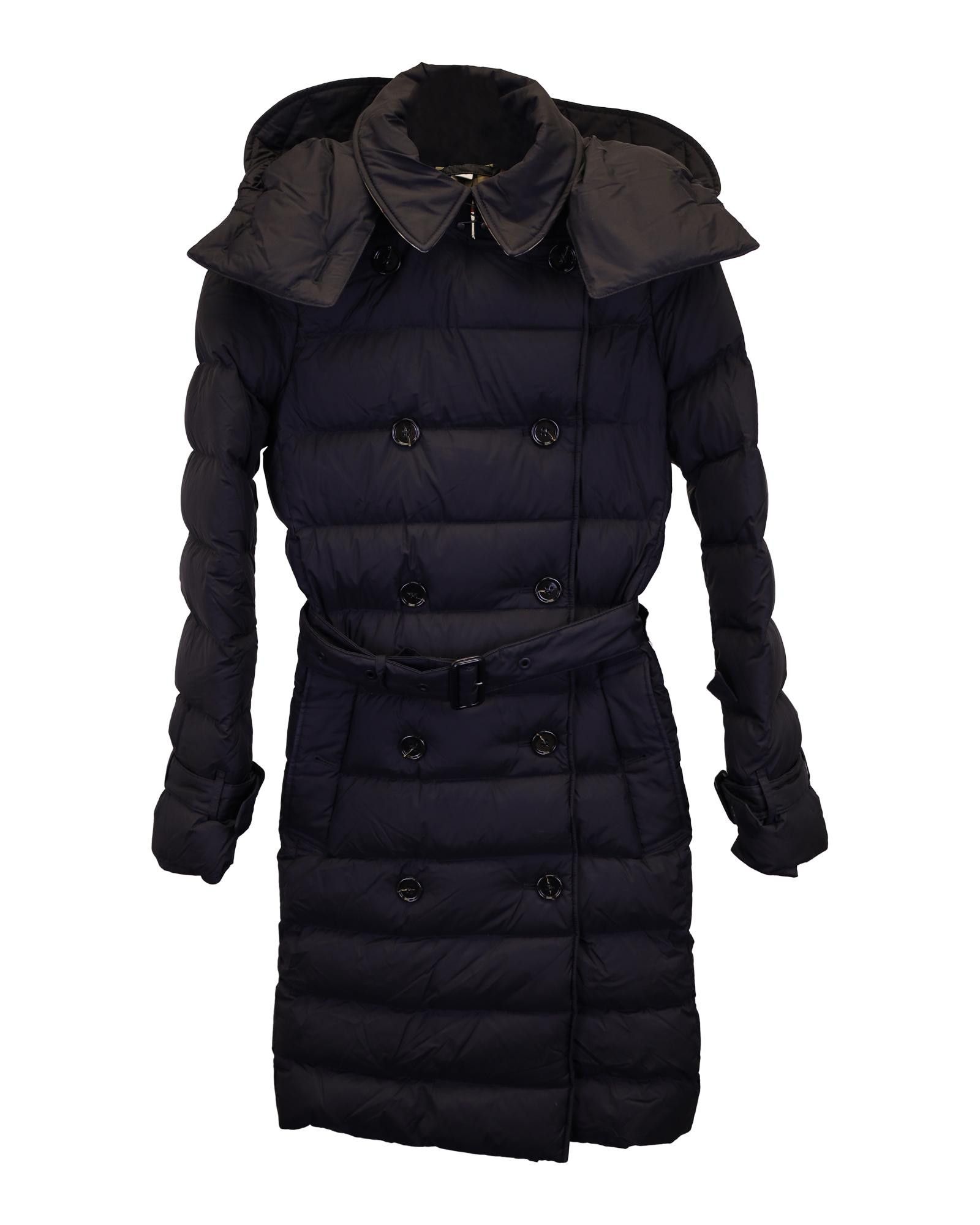 image of Burberry Double-Breasted Quilted Black Down Coat With Belt And Hood, Women's (Size XS)