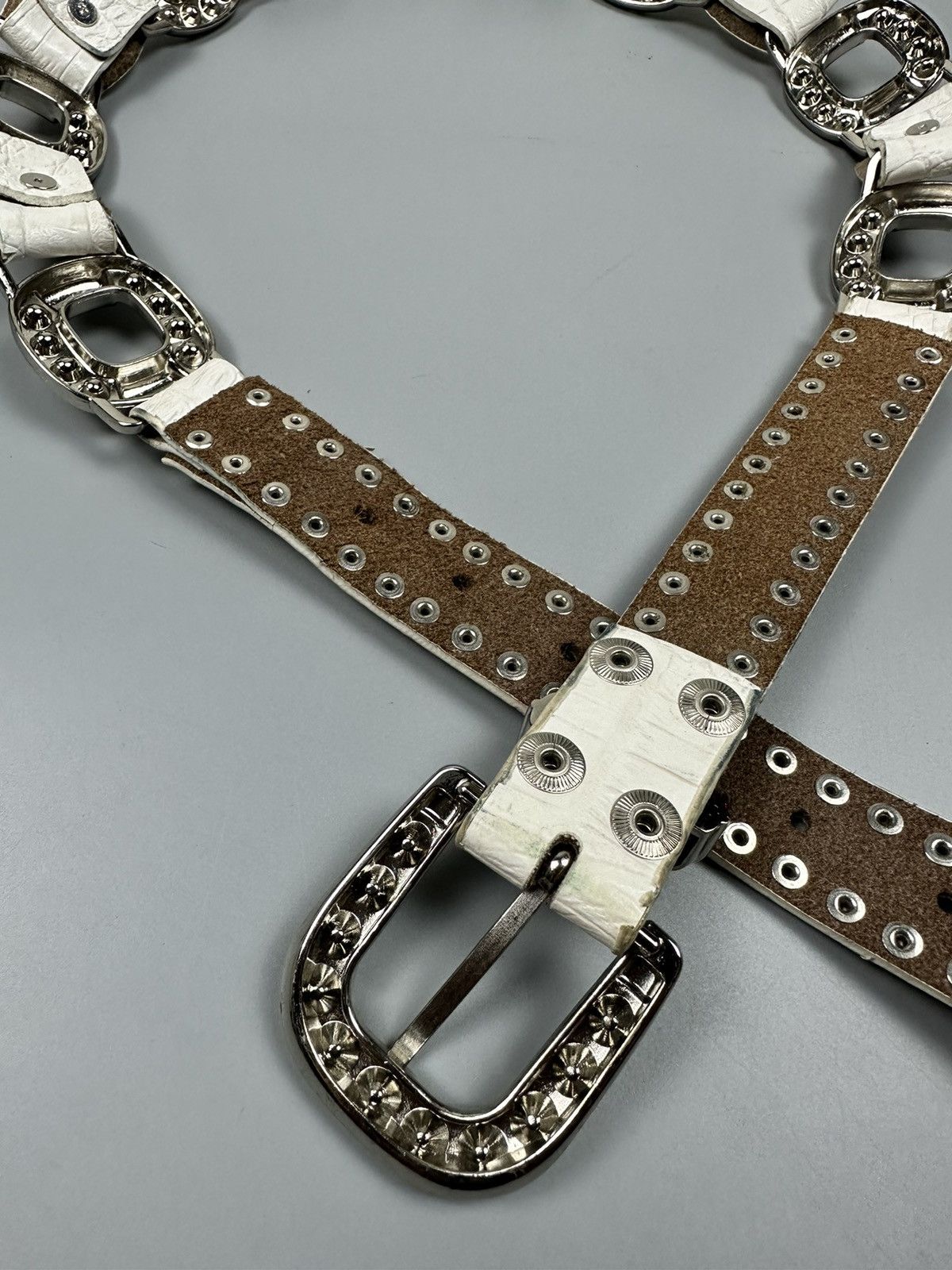 If Six Was Nine Rare Chrome Hearts Inspired White Leather Diamond Studs Belt Size 34 - 12 Thumbnail