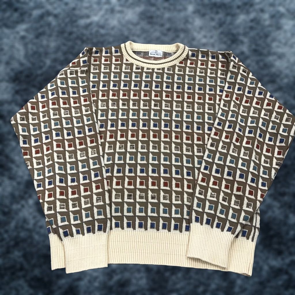 Neiman Marcus VINTAGE Neiman Marcus Grandpa Sweater Mens L Crewneck Beige 90s Geometric Knit Pullover Size US L / EU 52-54 / 3 - 1 Thumbnail