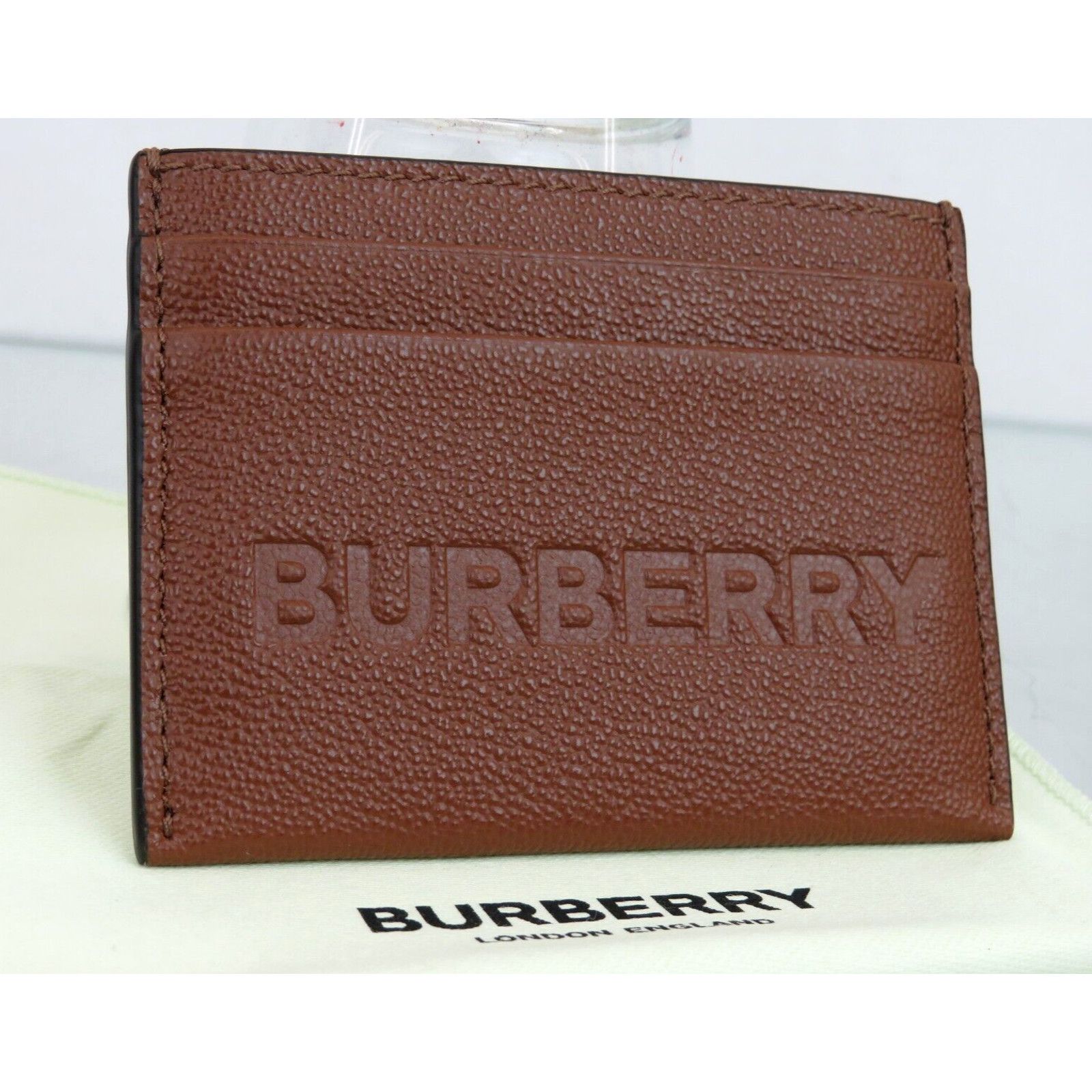 image of Burberry Sandon Brown Tan Grained Leather Logo Cardholder Case Wallet, Men's