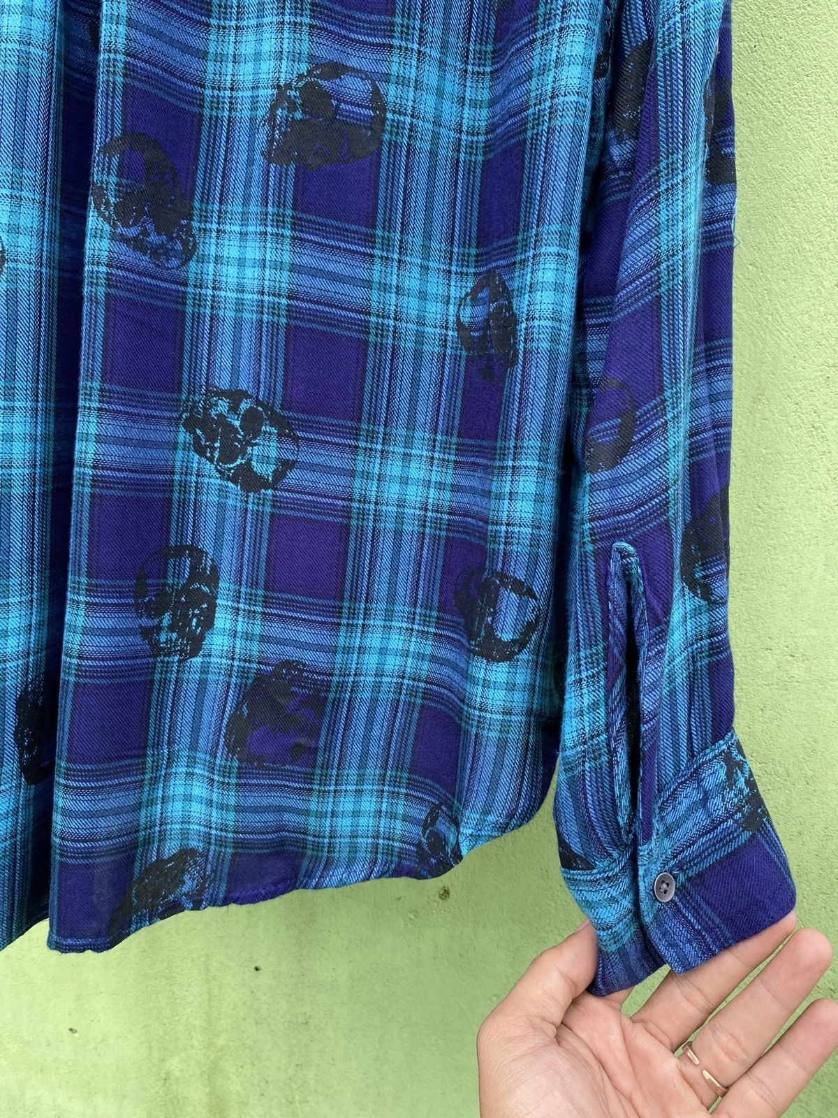 Rock & Republic Skull Plaid Flannel Shirt Blue Grunge Y2K