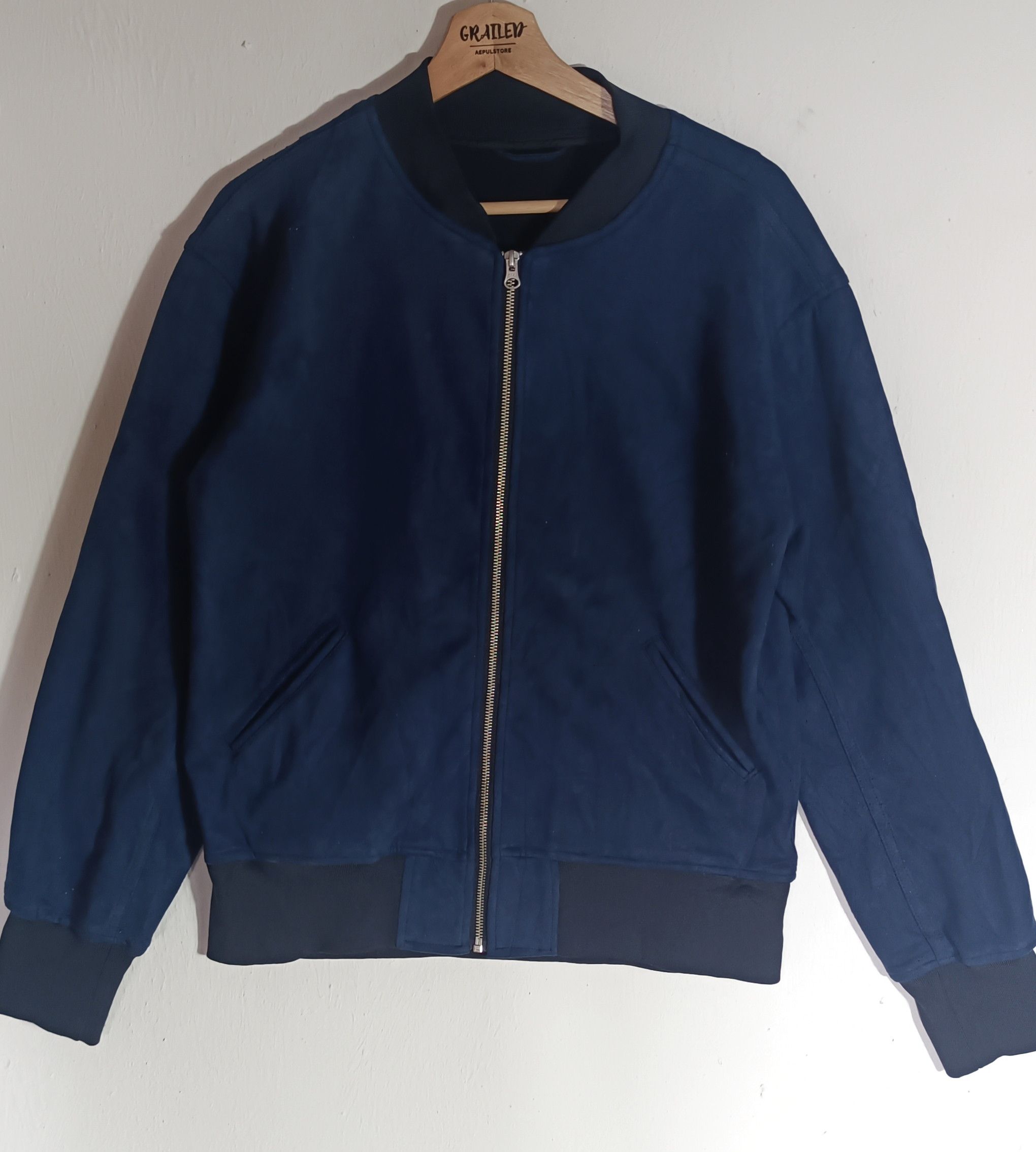 image of Abahouse Ecru Bomber Jacket Vintage in Blue, Men's (Size Medium)
