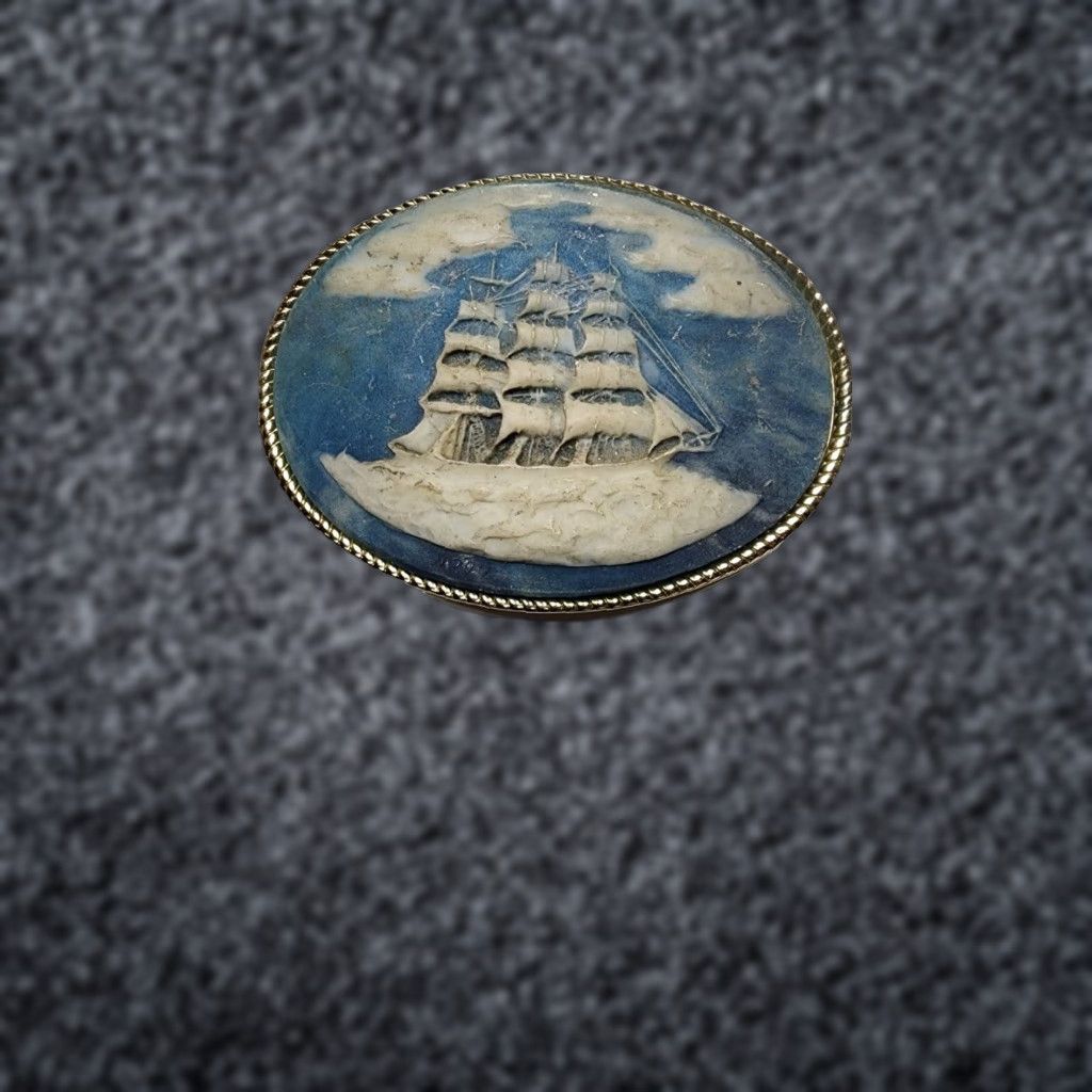 Vintage VINTAGE 1970s Incolay Stone Nautical Clipper Ship Belt Buckle Blue Men Size ONE SIZE - 1 Thumbnail