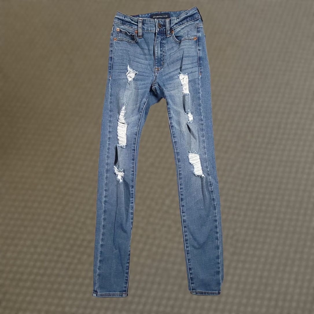 Vintage Aéropostale Jeans Womens 00 Short High Rise Skinny Jegging Distressed Stretch Denim Blue Leather? Size 24" / US 00 / IT 34 - 1 Thumbnail