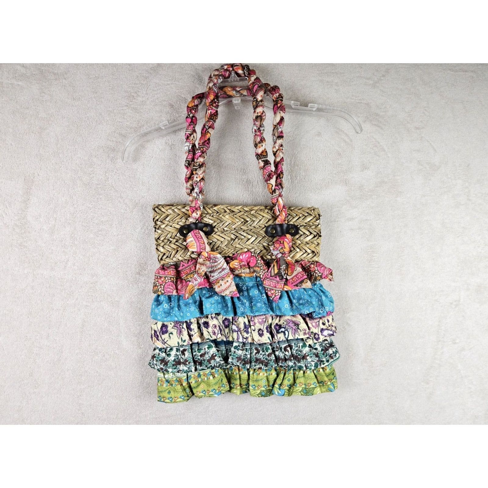 Vintage Cappelli Straworld Bohemian Wicker Fabric Shoulder Handbag Purse Bag Pink Beige Pattern Floral Bucket & Drawstring Medium Women Size ONE SIZE - 2 Thumbnail