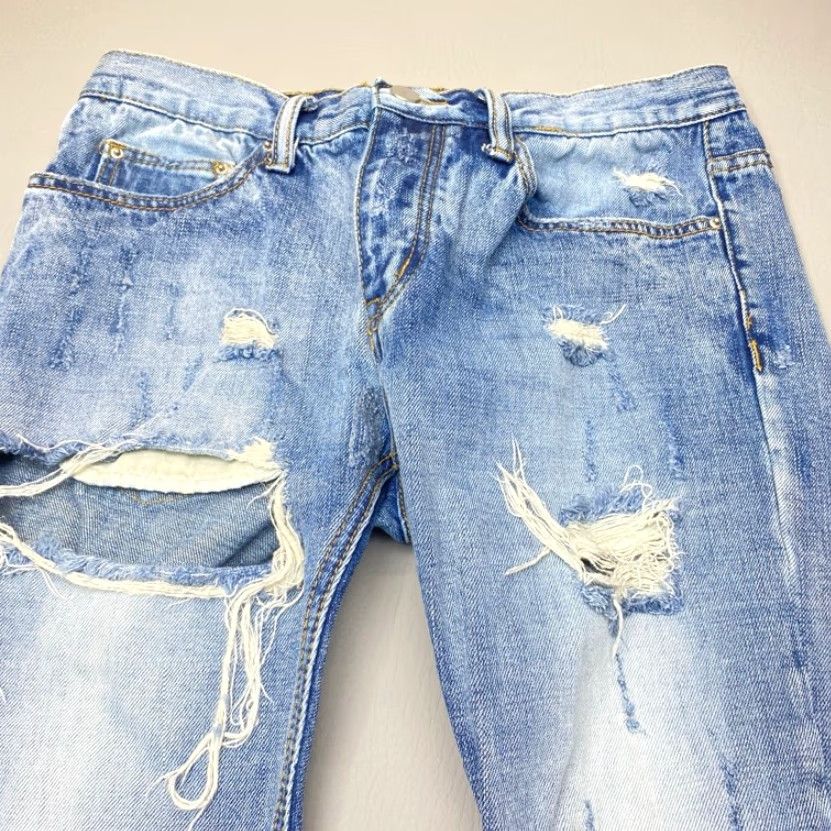 MNML VINTAGE mnml Distressed Ripped Patch Jeans Size 31x33 Skinny Fit Slim Button Fly Zipper Size US 31 - 6 Thumbnail
