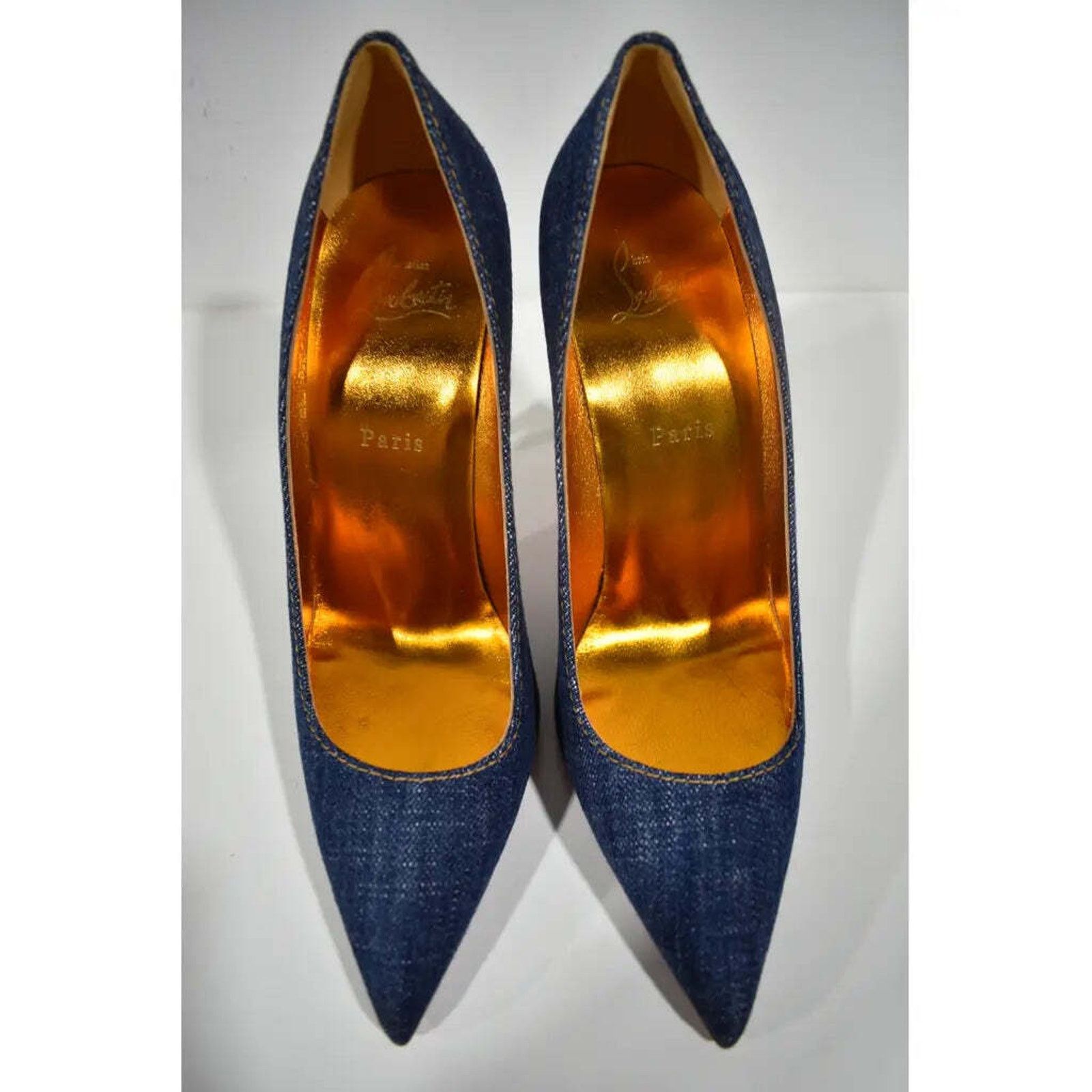 Christian Louboutin Kate 100 Blue Denim Saba Gold Stiletto Pointed Heel Pump 40 Size US 10 / IT 40 - 7 Thumbnail