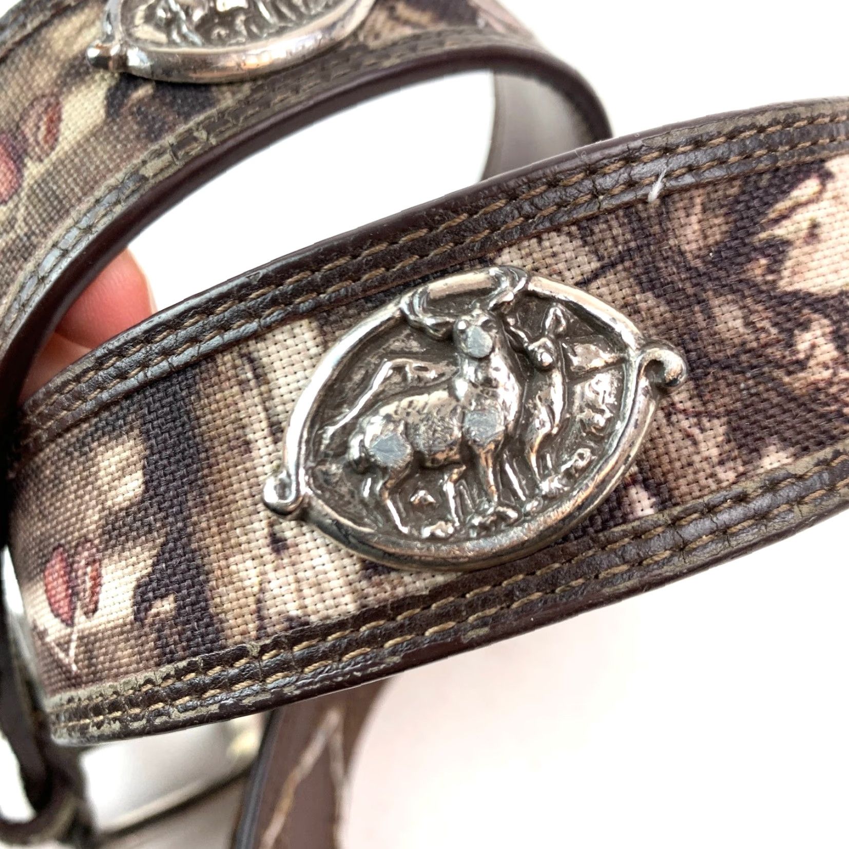 Vintage Men's Belt Camouflage DeEr Concho Buckle Genuine Leather Camo Canvas Overlay 36 Brown Green Tan Vintage No Size 36 - 6 Thumbnail