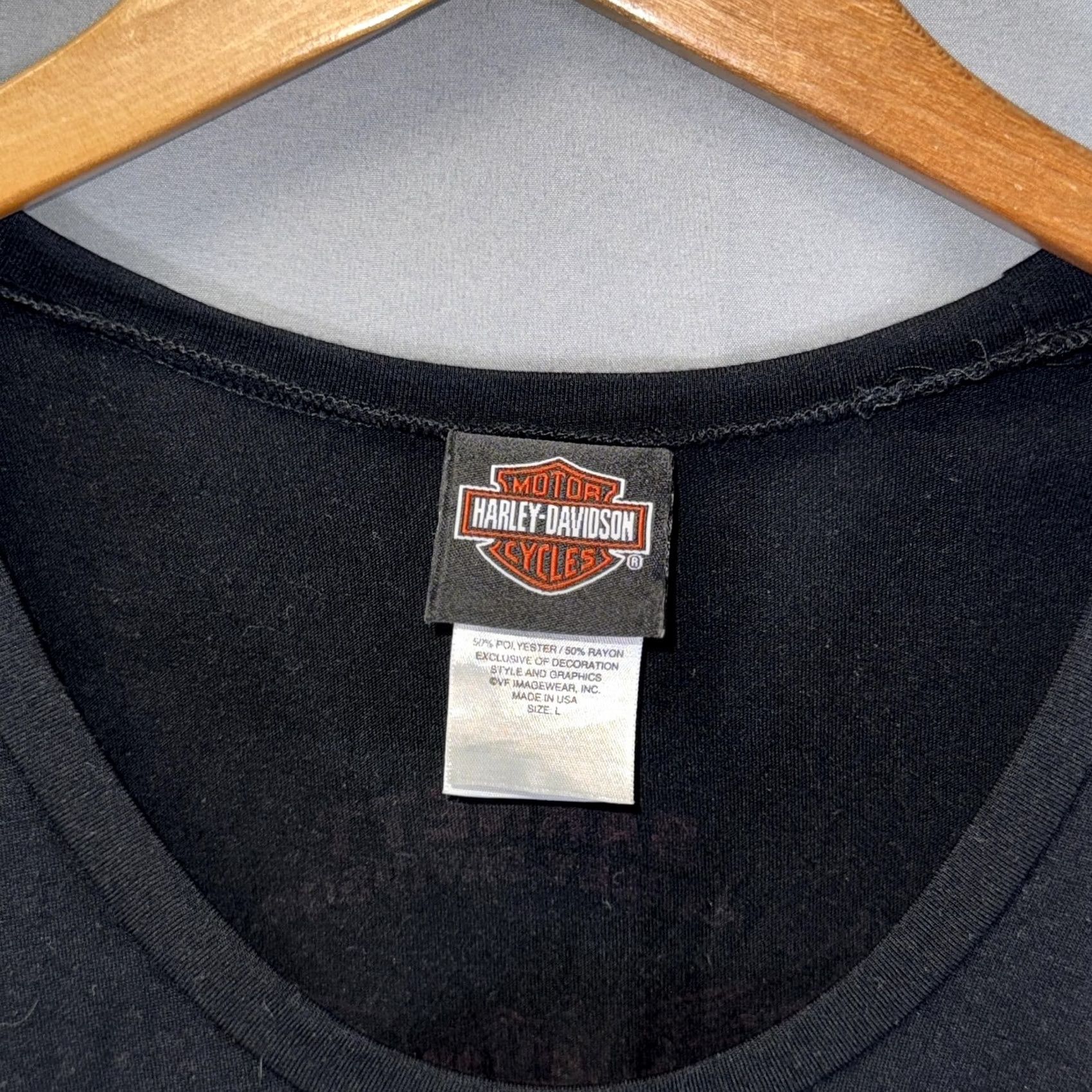 Harley Davidson VINTAGE Harley-Davidson Shirt Womens Large Black Scoop Neck 3/4 Sleeve Graphic Made USA Size L / US 10 / IT 46 - 5 Thumbnail