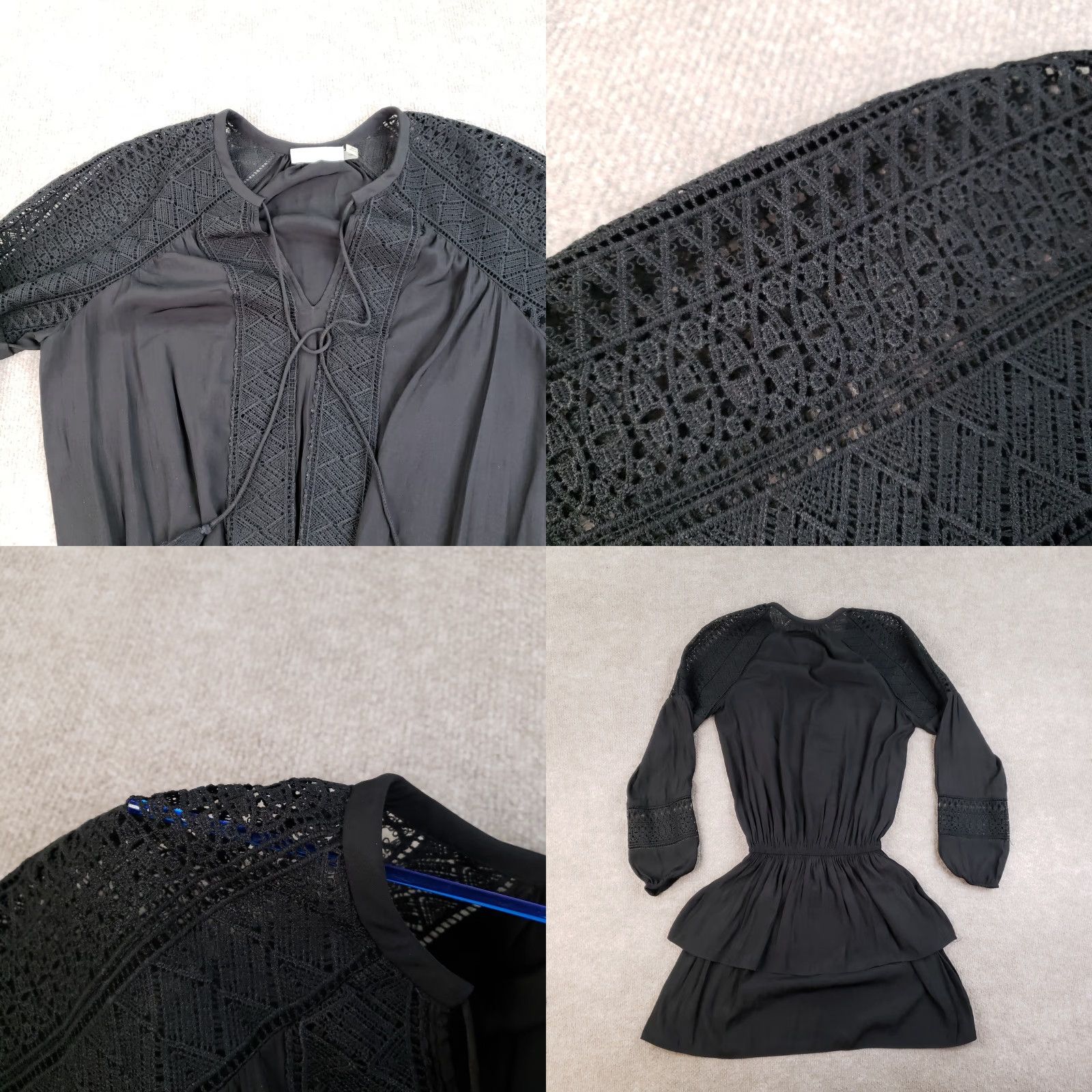 Ramy Brook Ramy Brook Dress Womens Small Black Boho Tiered Mini Long Sleeve Crochet Lace V-Neck Pullover Casual Party/Cocktail Womens S Black Bohemian Mini Dress Size S / US 4 / IT 40 - 8 Thumbnail