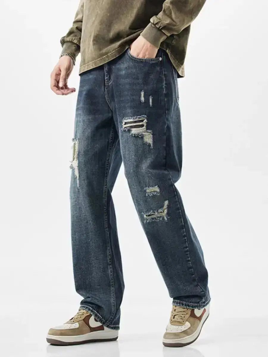 Japanese Brand Patch Patch Loose Straight Ripped Jeans Blue Size US 32 / EU 48 - 5 Thumbnail
