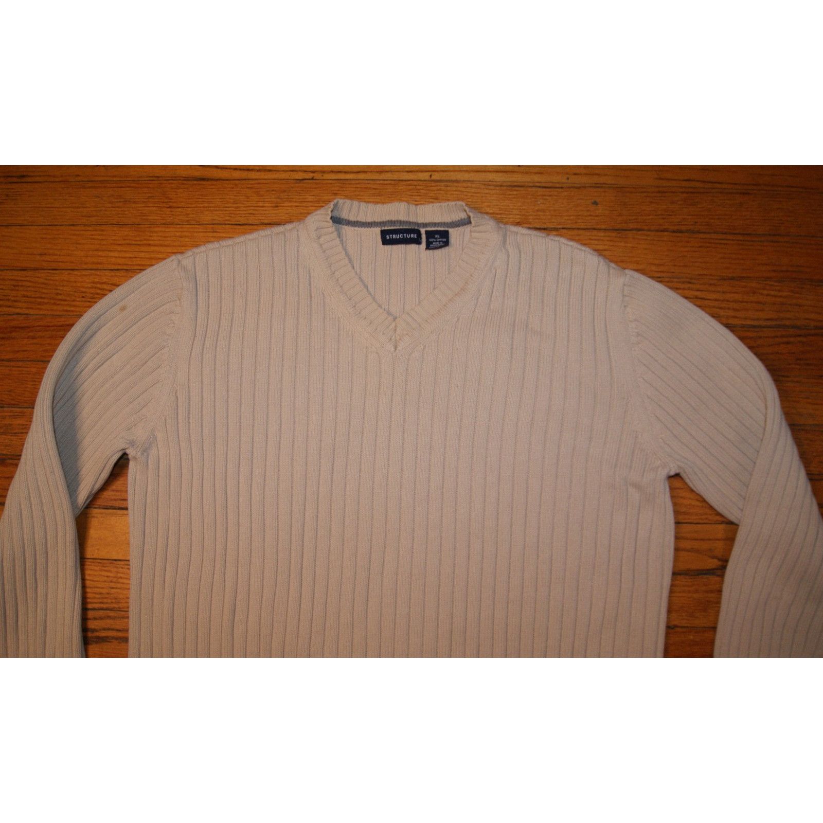 Structure Structure Mens VTG 90 Light Tan Ribbed Knit VNeck Sweater XL Size US XL / EU 56 / 4 - 2 Thumbnail
