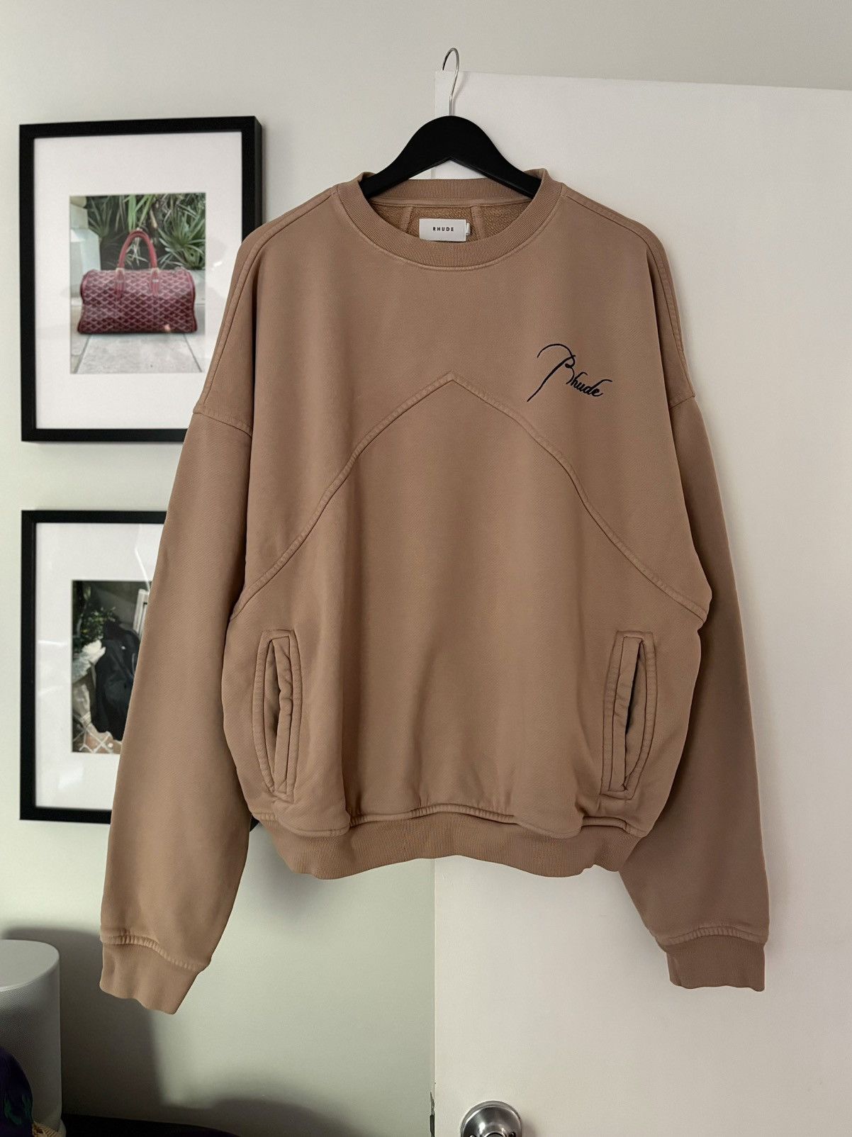 image of Rhude Thick Script Logo Pullover Crew in Taupe, Men's (Size Small)