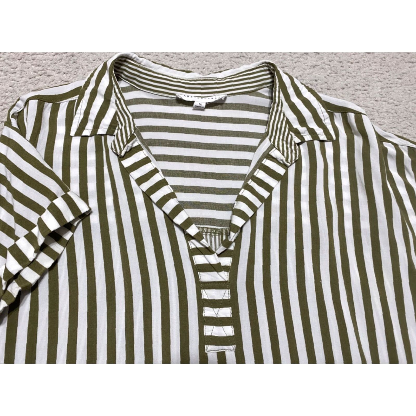 Vintage Jane and Delancey Womens 1X Plus Shirt Green Striped S/S Collared Pullover Size XL / US 12-14 / IT 48-50 - 2 Thumbnail