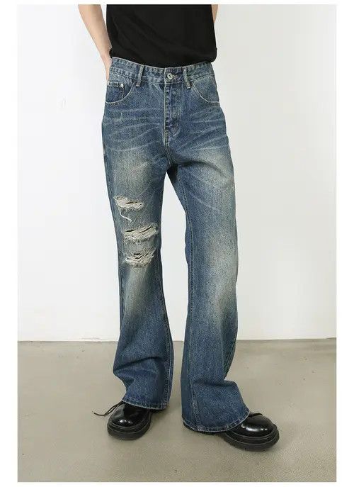 Handmade × Japanese Brand × Jean Pants Blue loose straight-leg ripped bootcut jeans Size US 32 / EU 48 - 2 Thumbnail