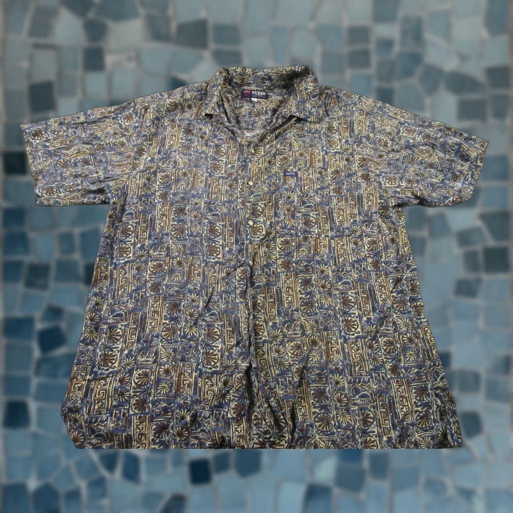 VINTAGE GUESS Button-Up Shirt Mens XL Blue Geometric 80s