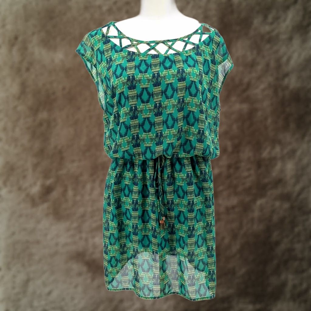 Vintage Bongo Dress Geometric Print Chiffon Boho Cutout Neck XL Women Green Size XL / US 12-14 / IT 48-50 - 1 Thumbnail
