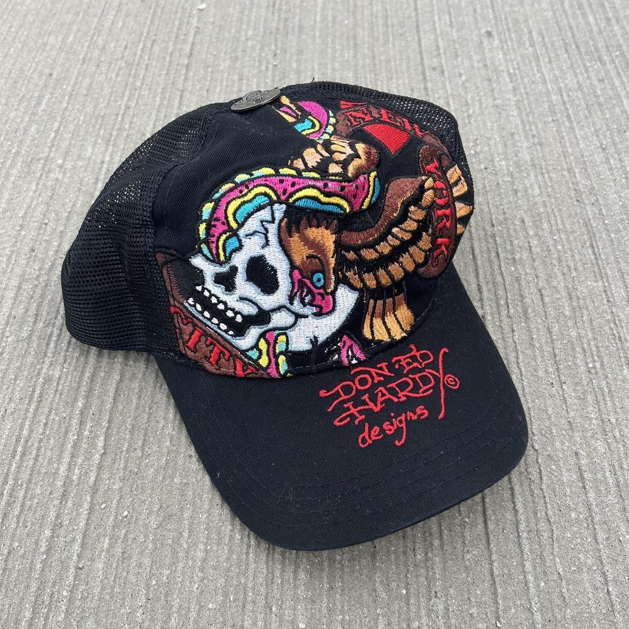 image of Ed Hardy Trucker Hat Embroidered Mesh Snapback Y2K in Black, Men's