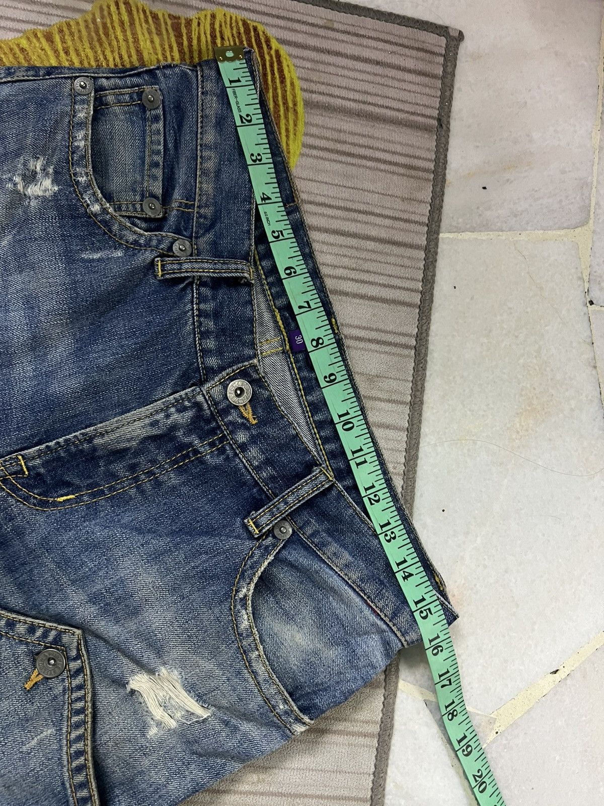 Japanese Brand 💥Twist Leg💥Purple & Yellow Distress Backle Back Flare Jean Size US 31 - 3 Thumbnail