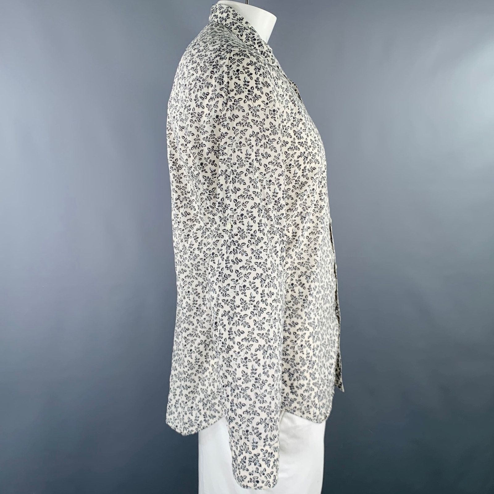 John Varvatos Off White Navy Leaves Cotton One Pocket Long Sleeve Shirt Size US L / EU 52-54 / 3 - 5 Thumbnail