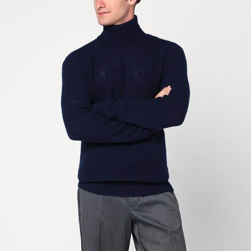 Dries Van Noten Navy Blue Wool Turtleneck Sweater