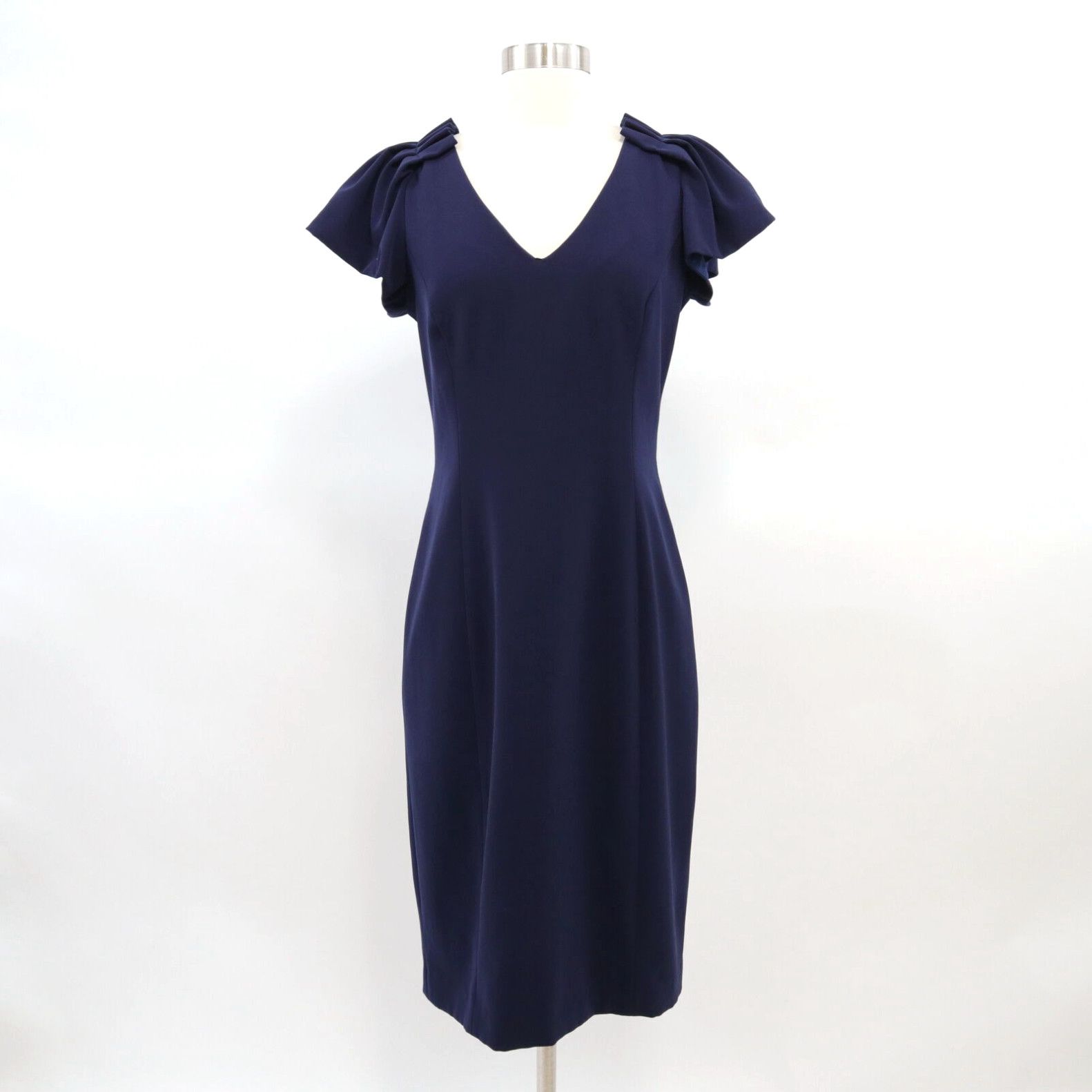 image of Badgley Mischka Sheath Midi Dress Womens 6 Navy Blue Pleated Puff Sleeves V-Neck in White (Size Med
