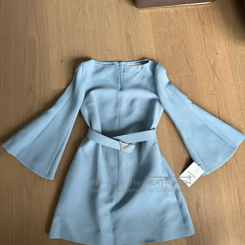 blue short prom dress Vintage Valentino Blue Wool Crepe Dress W Rope Trim and Tassels – Modig main image 0