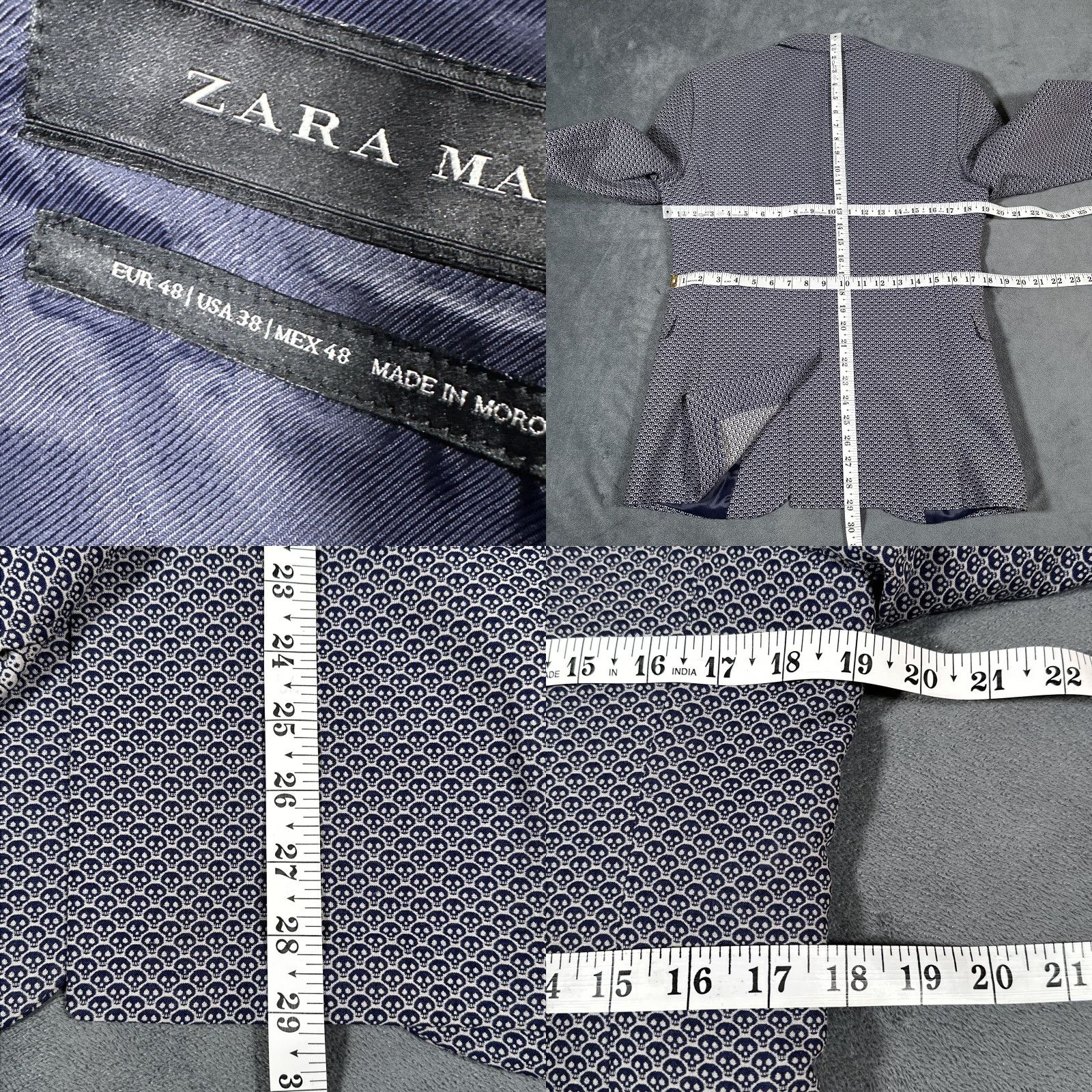 Zara ZARA MAN Blazer Mens 38 Skull Print Navy Blue Sport Coat Jacket Two Button Lined Notch Lapel Slim Regular Size 38R - 8 Thumbnail