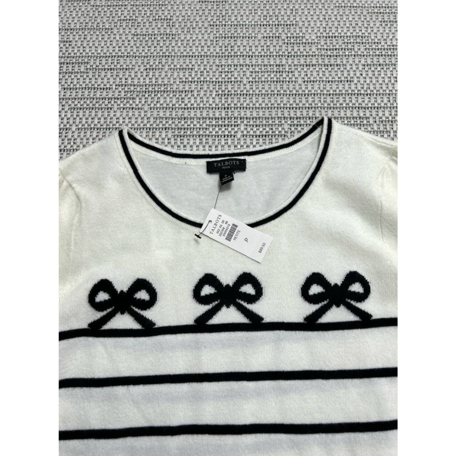 Talbots Talbots Sweater Womens Small Petite White Bows Stripe Puff Sleeve Crew Neck New Size XXS / US 00 / IT 34 - 3 Thumbnail