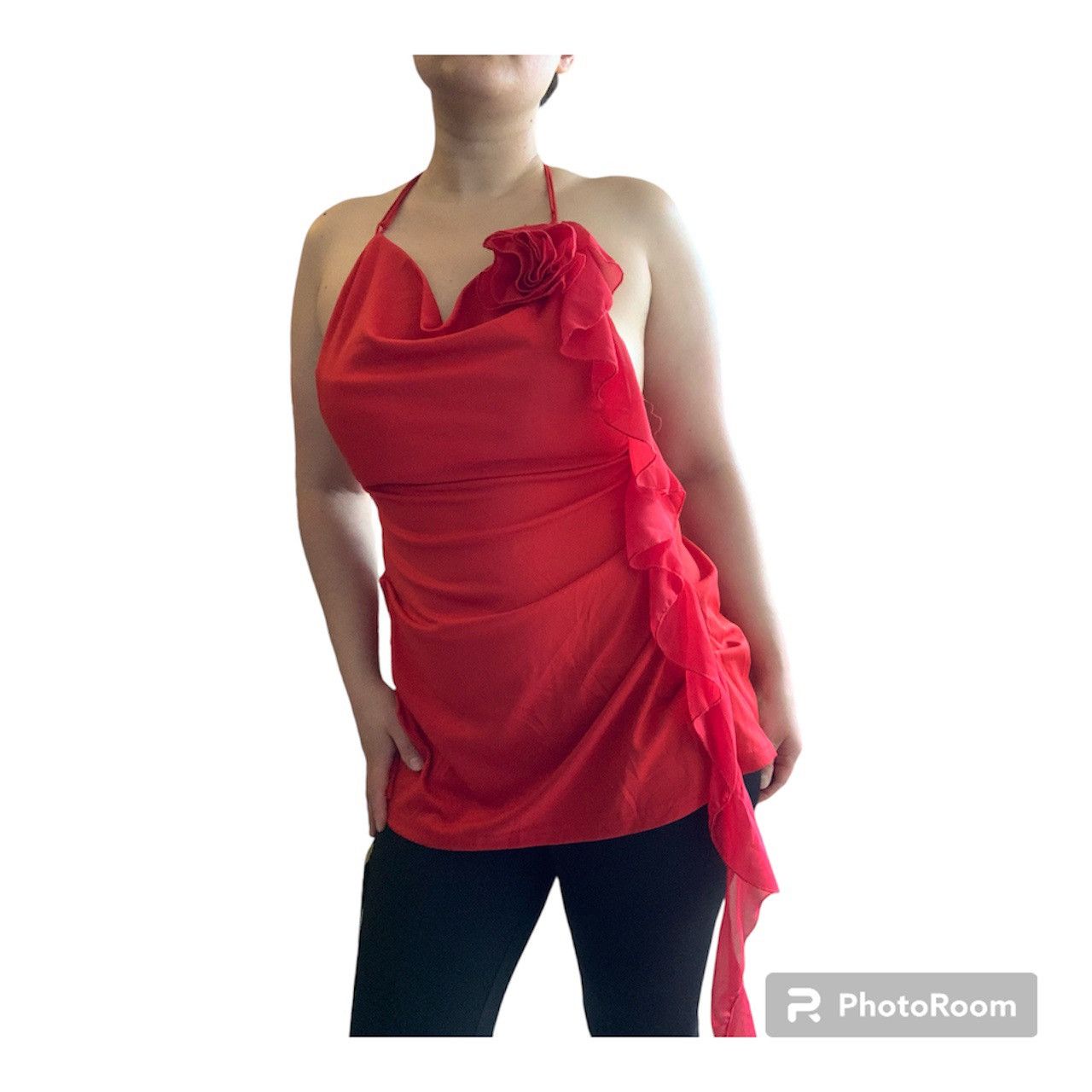 Designer NWT Y2K Style Backless Red Halter Top w/ Side Ruffles Size M / US 6-8 / IT 42-44 - 8 Thumbnail