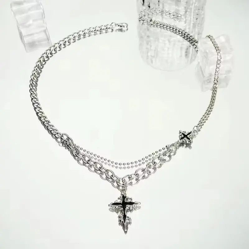 Japanese Brand Retro punk gothic melting cross layered chain necklace y2k Size ONE SIZE - 5 Thumbnail