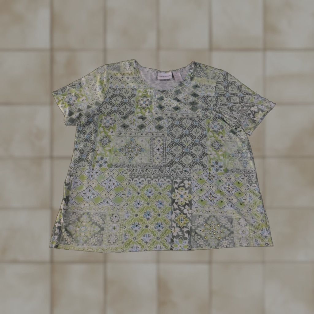 Vintage Alfred Dunner Shirt Womens Large Green Blue Patchwork Short Sleeve Rhinestone Size L / US 10 / IT 46 - 1 Thumbnail
