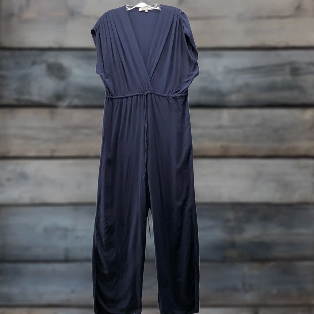 Vintage TYSA Jumpsuit Womens S Navy Blue Wide Leg Short Sleeve V-Neck Size 28" / US 6 / IT 42 - 1 Thumbnail