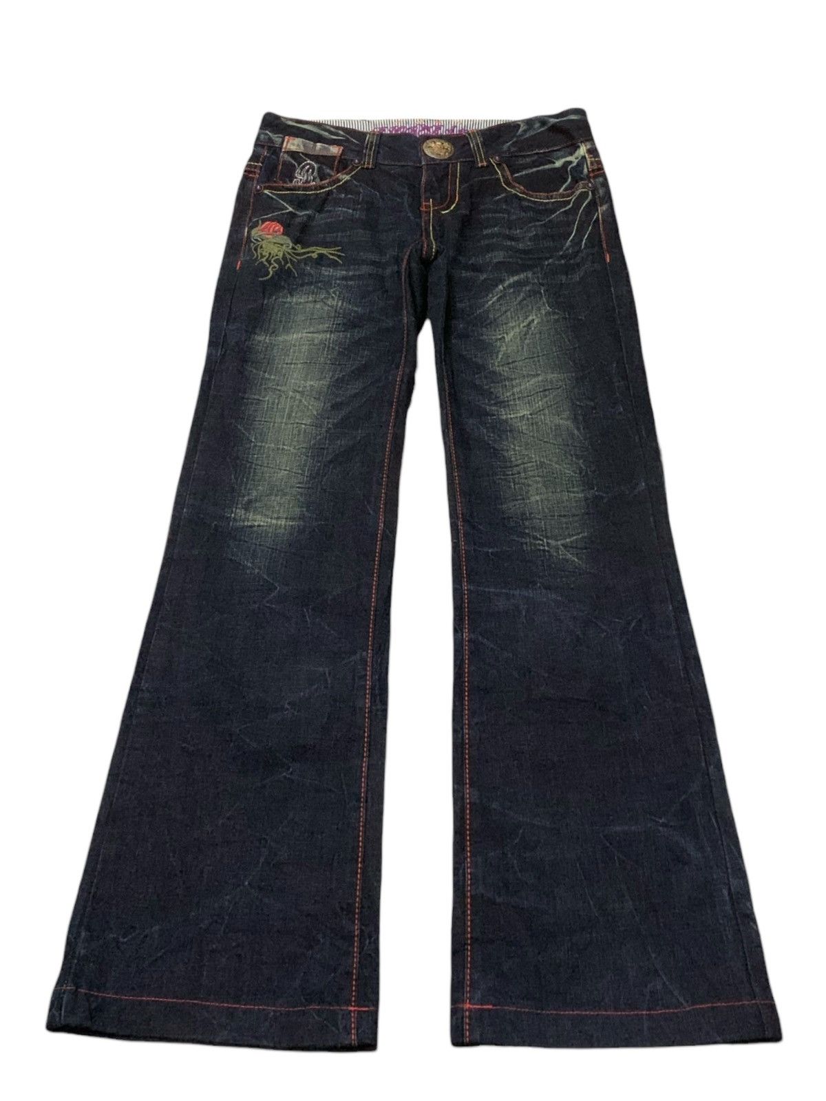 Ed Hardy × Japanese Brand Riobera Japan Embroidered Skull Tattoo Flared Denim Pants Size US 30 / EU 46 - 2 Thumbnail