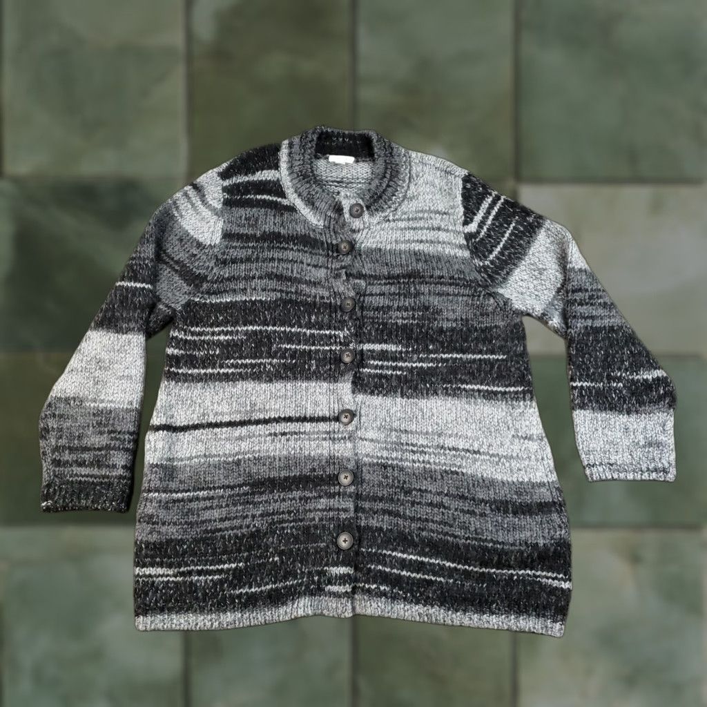 J. Jill J. Jill Cardigan Sweater Womens Large Gray Stripe Chunky Knit Button Front Size S / US 4 / IT 40 - 1 Thumbnail