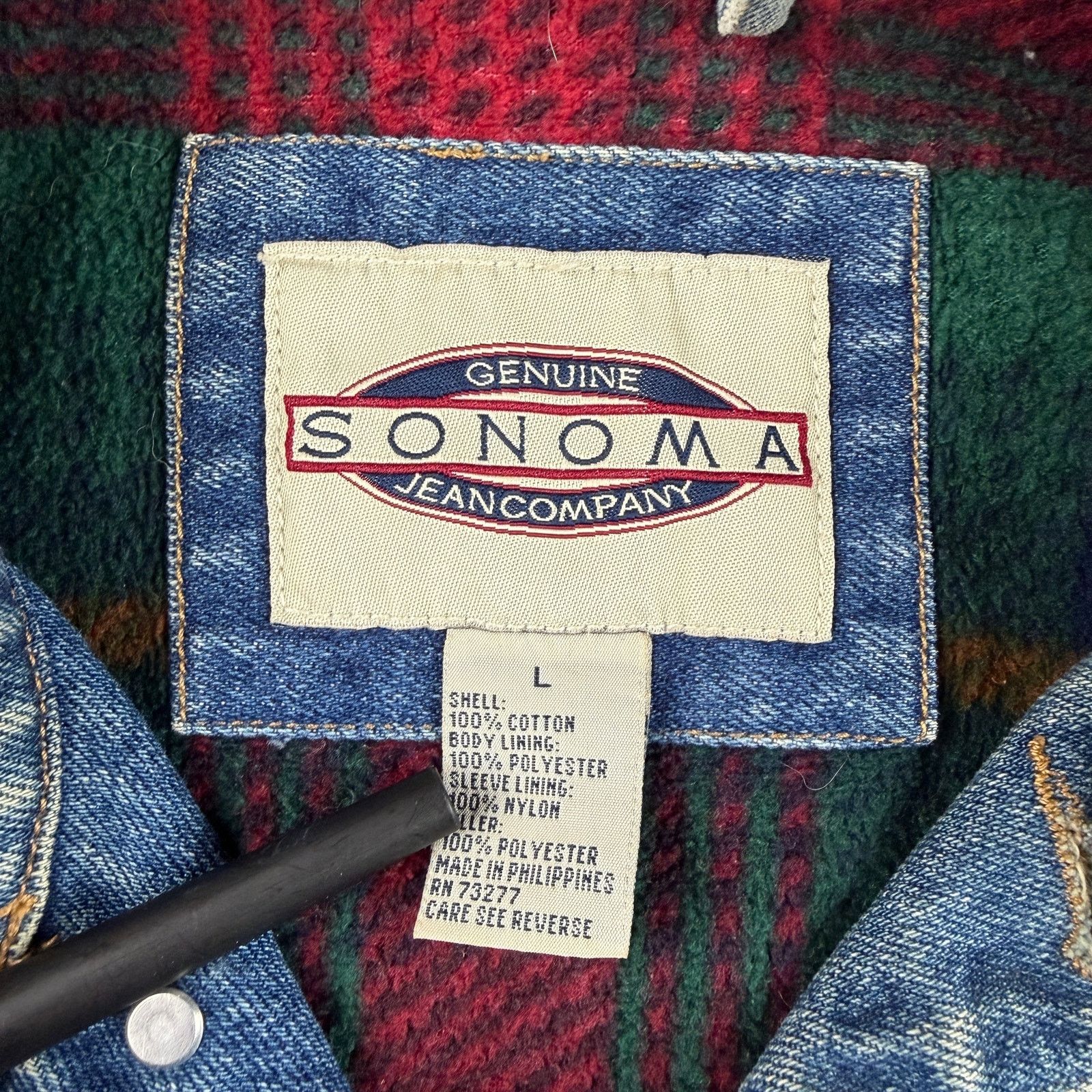 Sonoma Vintage Biker Jean Jacket Flannel Lined Patches & Pins Size US L / EU 52-54 / 3 - 10 Thumbnail