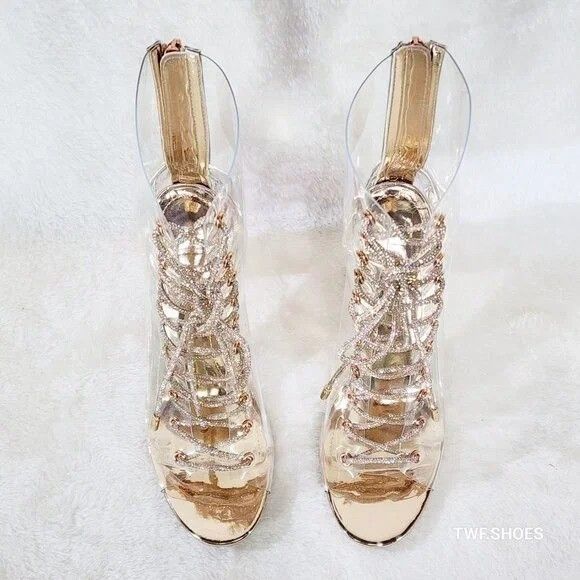 Other See Me Rose Gold Rhinestone Laces Heels Clear Upper Open Toe Size US 6 / IT 36 - 4 Thumbnail