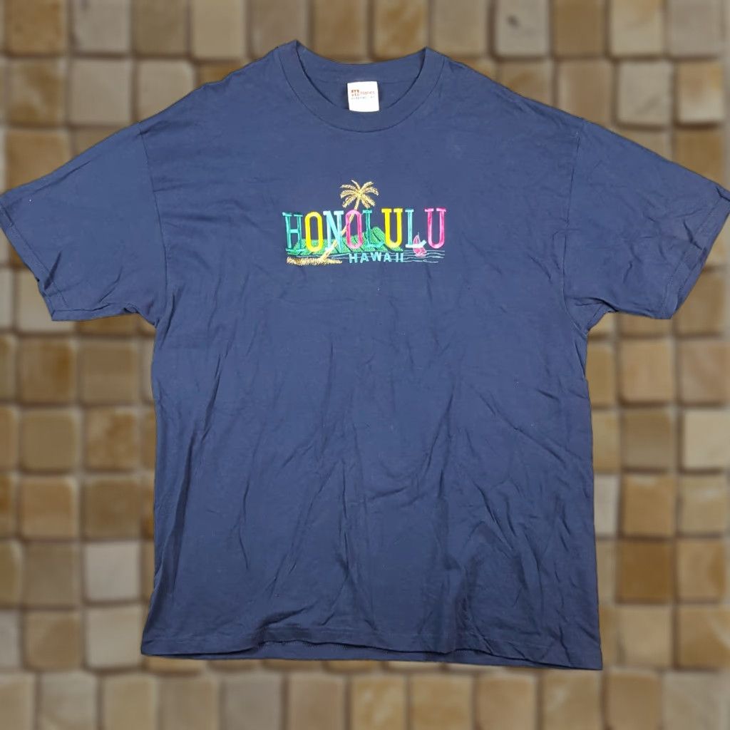 Hanes VINTAGE Honolulu Hawaii T Shirt XL Hanes Crew Neck Short Sleeve Blue 90s Rainbow Beach Palm Tree Size US XL / EU 56 / 4 - 1 Thumbnail