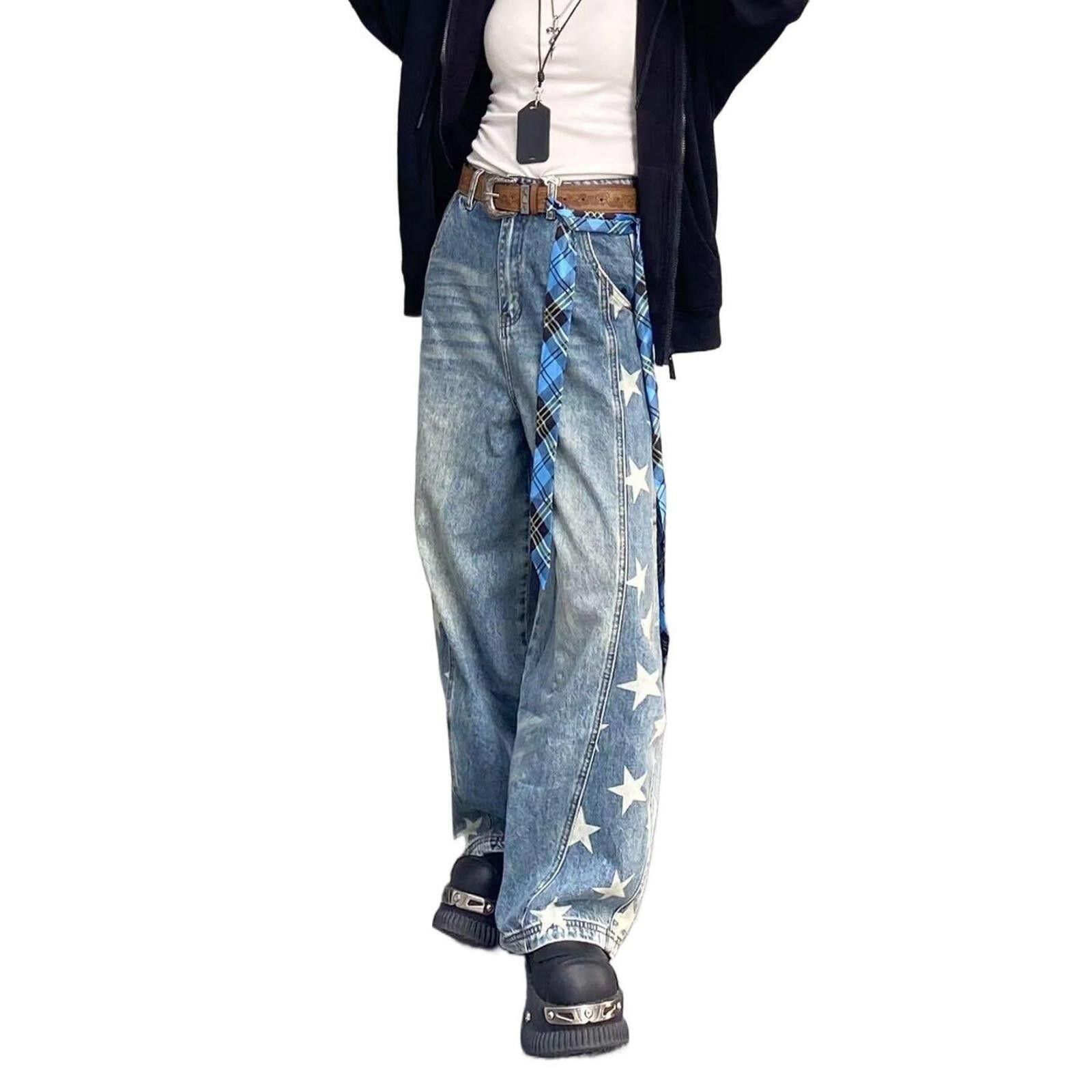 Jean Blue Star Print Wide Leg Jeans, Baggy Denim Pants Size US 33 - 5 Thumbnail