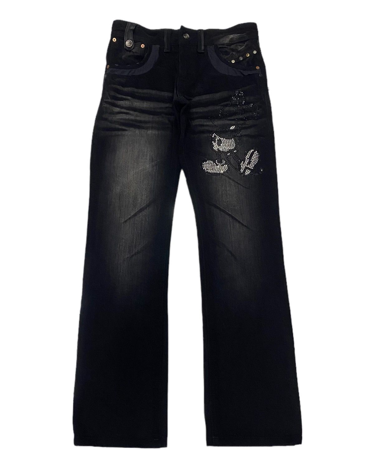 Image of Avant Garde x Hysteric Glamour Flaresemantic Design Skulls X Mickey Mouse Flared Denim in Black (Si